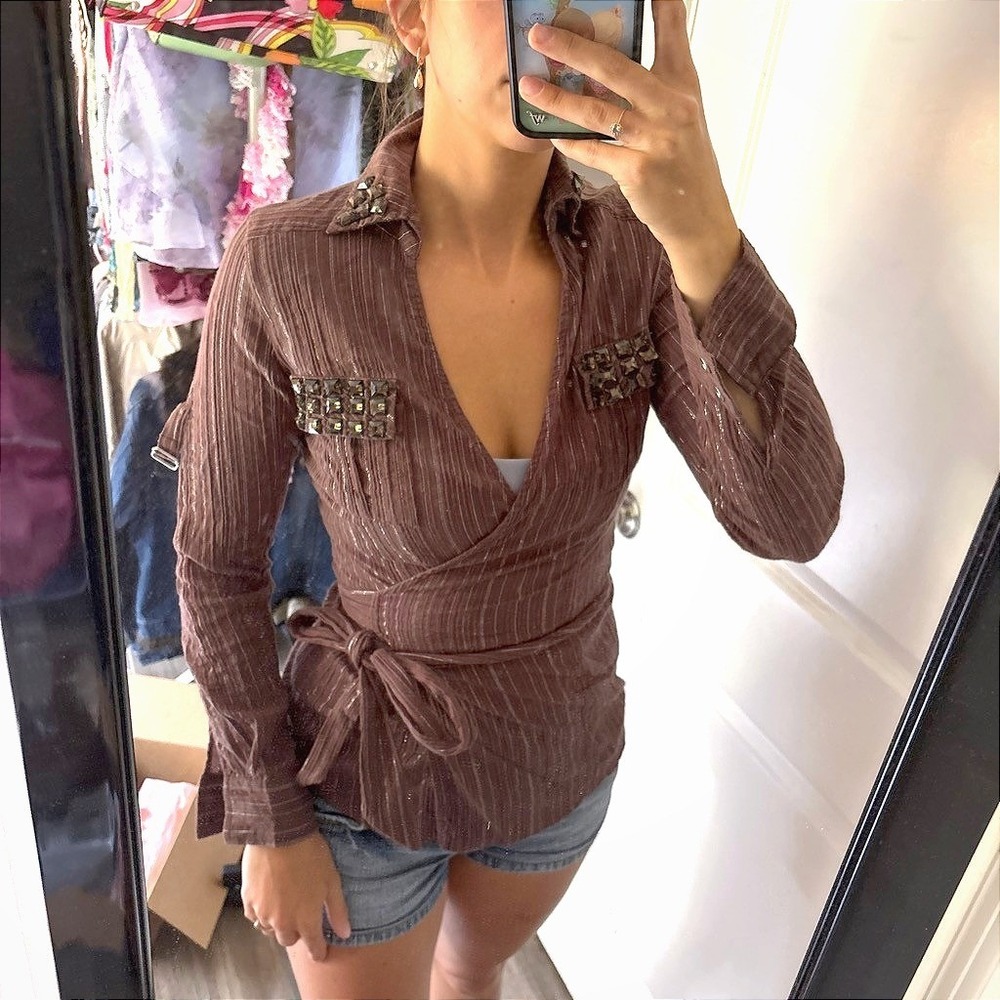 y2k Ceres Studded Wrap Top Brown Metallic Pinstripe Blouse Small